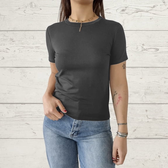 Tittly T Shirts for Women Going Out Tops Women's Casual Basic Going Out Crop Tops Slim Fit Short Sleeve Crew Neck Tight T Shirts Spring Tops for Women Tshirts Shirts Grey L