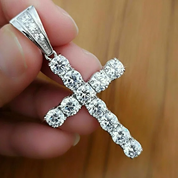 3Ct Lab-Created Diamond Round Cut Cross Pendant Necklace 14K White Gold Plated