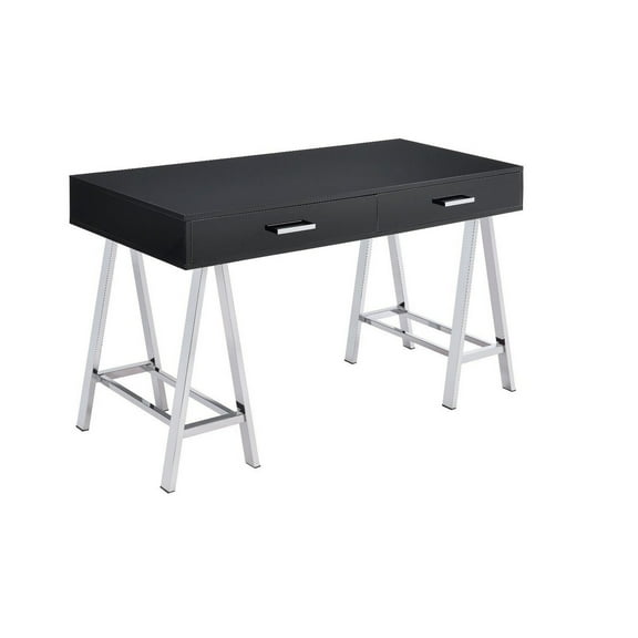 Benjara Writing Desk with MDF 2 Drawers and Metal Legs, White and Chrome-Finish:Black and Chrome