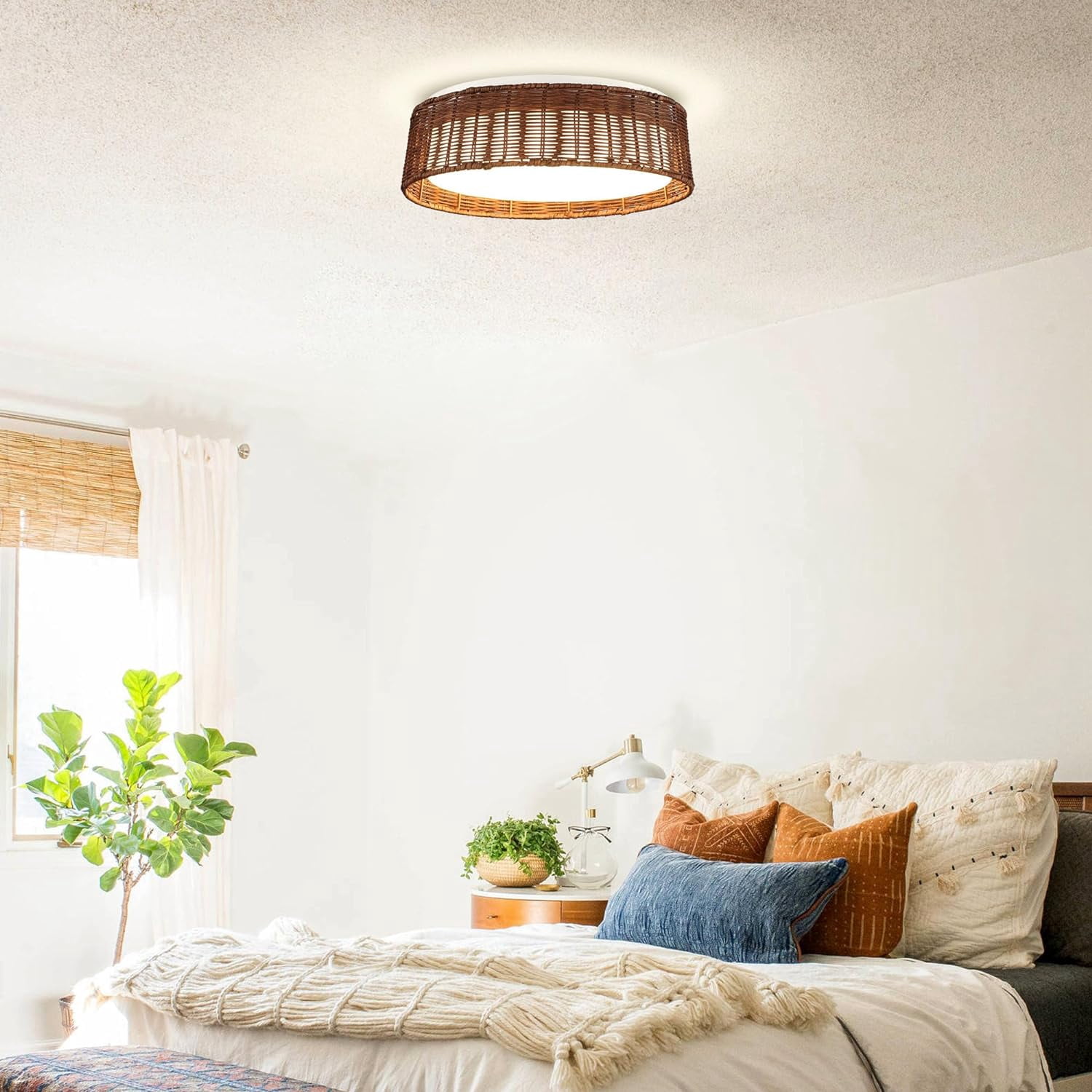 Parrot Uncle Farmhouse Rattan Drum Flush Mount Ceiling Lights LED Lighting for Bedroom Living Room Dining Room, 16.5 Inch
