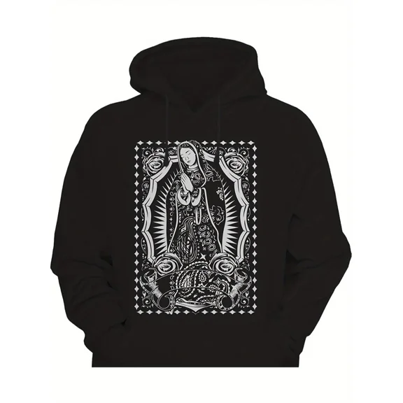 Casual Virgin Mary Print Black Drawstring Kangaroo Pocket Hoodie Shirt for Men & Women, up to Size 5XL