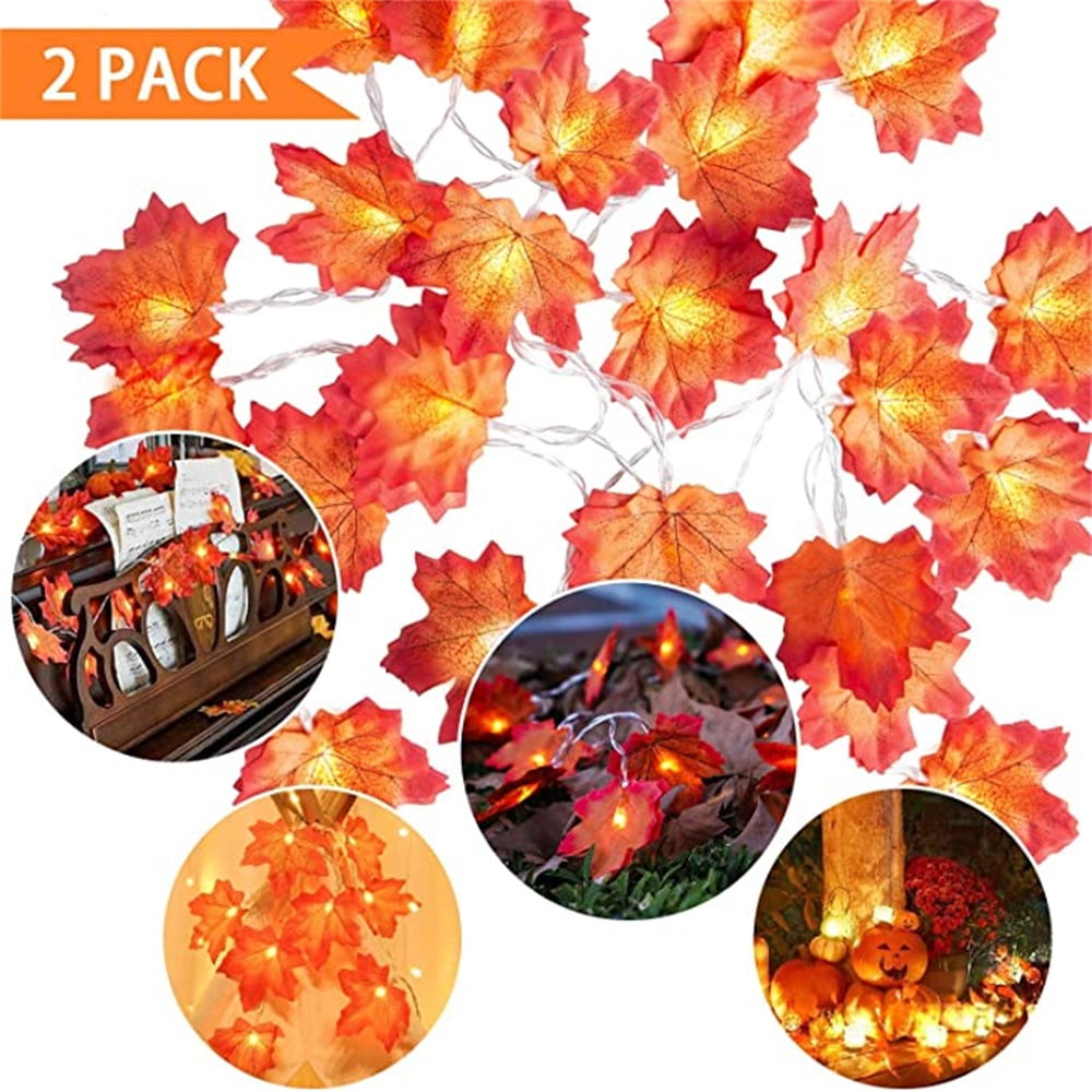 Kepooman 2 Pcs Holiday Decor Garland for Home, 9.8Ft Waterproof Fall String Lights Maple Leaf Garland, Orange