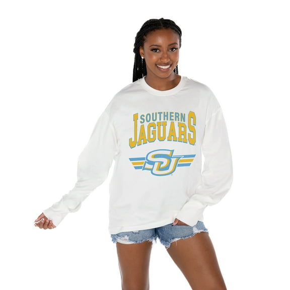 Women's Gameday Couture White Southern University Jaguars Oversized Swift Strike Long Sleeve T-Shirt