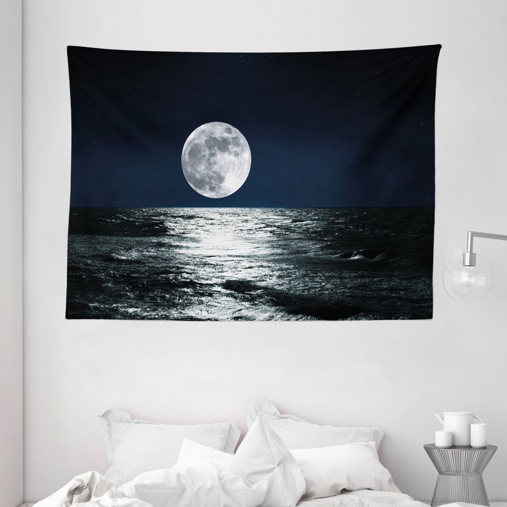 Moon Tapestry, Big Moon and Its Reflection on the Sea Open Sky Ethereal