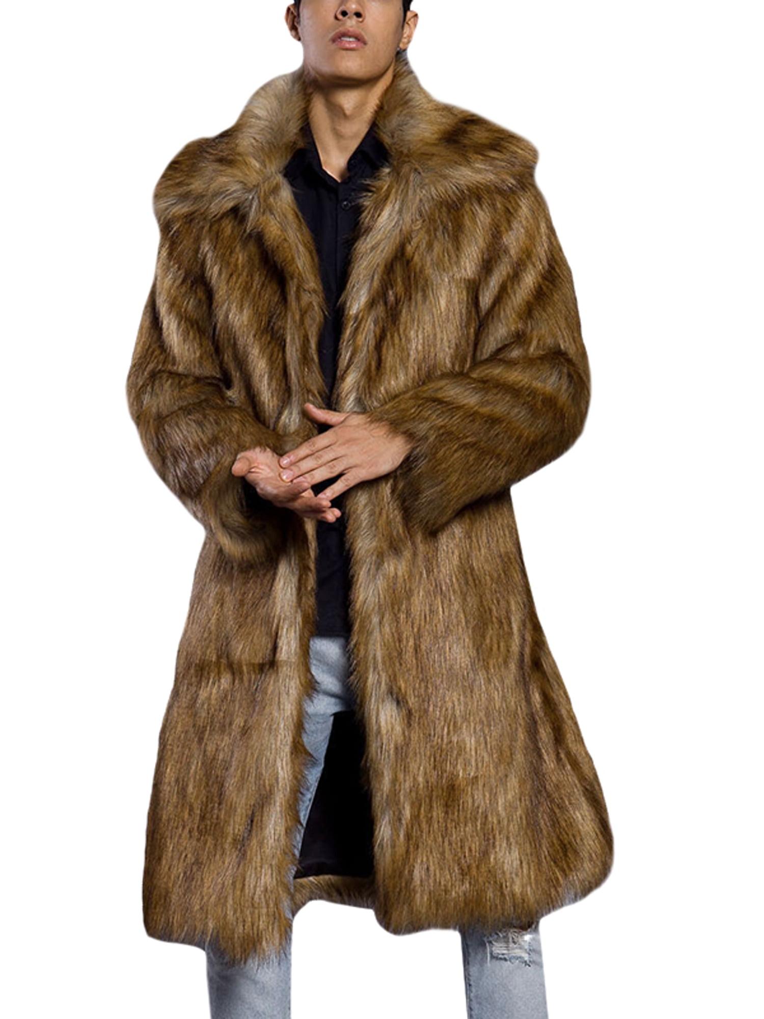 Lallc - Men's Faux Fur Winter Warm Thicken Long Jacket Trench Coat