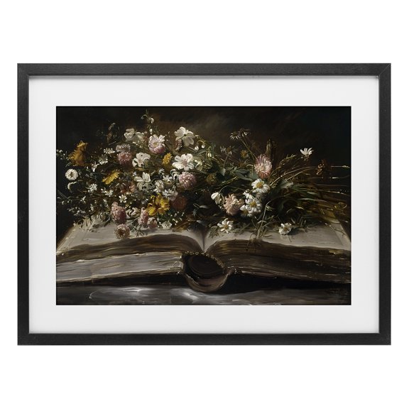 Stupell Industries Contemporary Antique Floral Open Book Black Framed Print Under Glass, 20 x 14, by Jacky Ngan