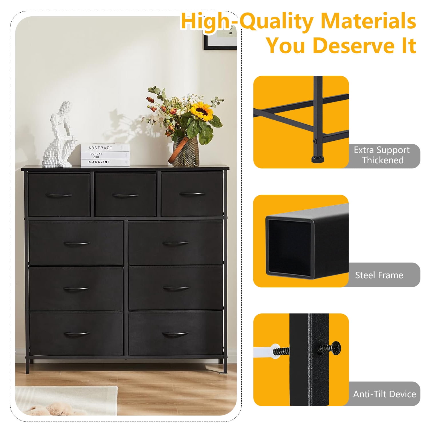 Taoset 9-Drawer Fabric Dresser with Wood Top - Compact Storage Organizer for Adult for Bedroom, Closet, Black