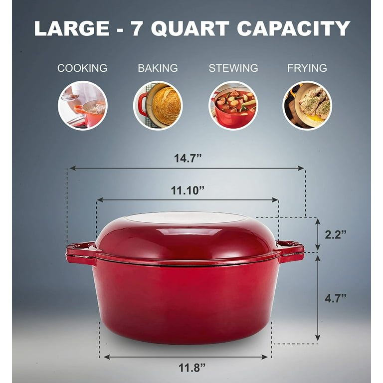 Bruntmor Red 7 Qt 2-in-1 Dutch Oven & Skillet