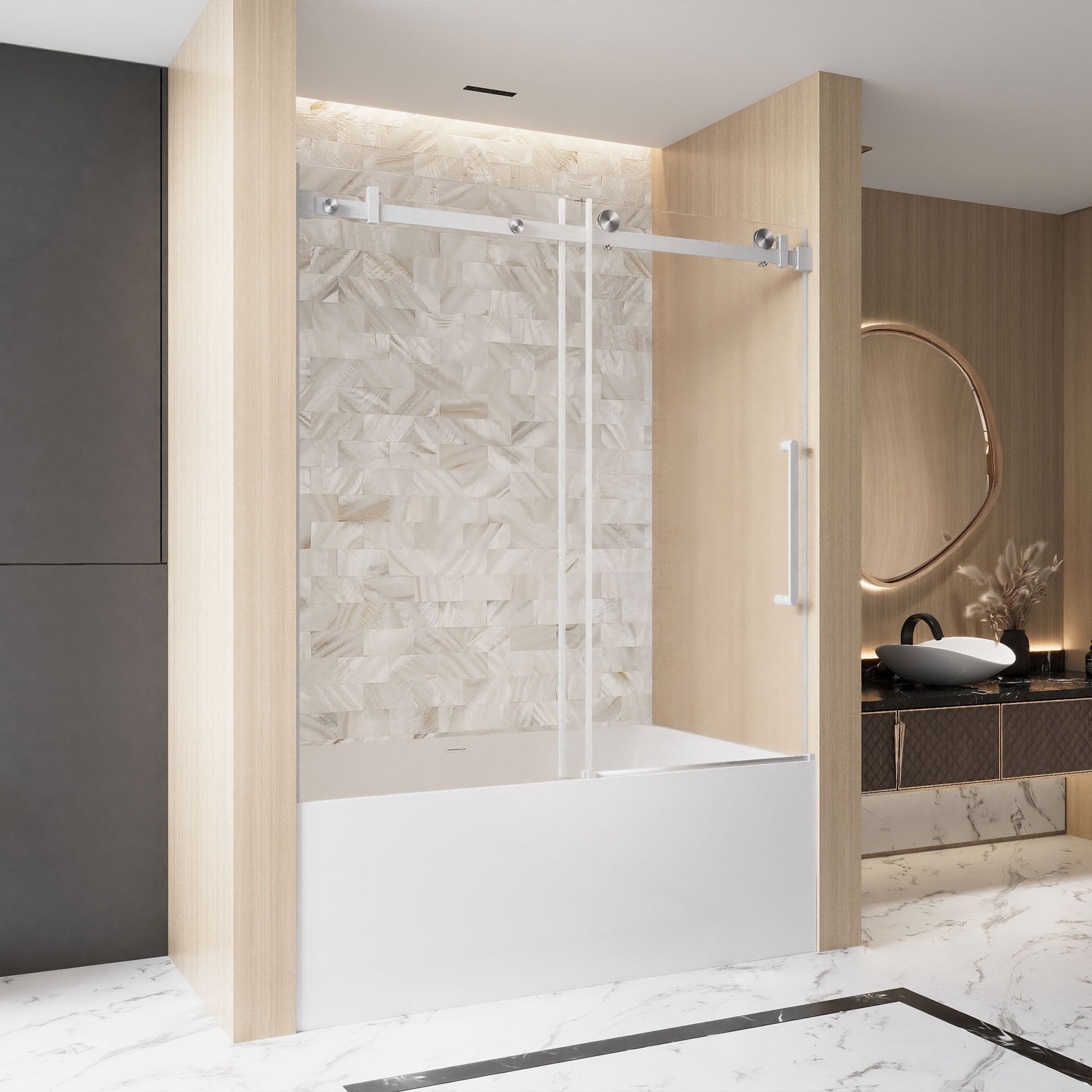 Leumius 56-60"W x 60" H Frameless Single Sliding Shower Door, 1/4\" Clear Tempered Glass, Stainless Steel Handle Square Tube Track Shower Door,Brushed Nickel
