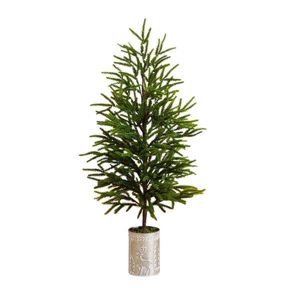 Nearly Natural 32in. Artificial Real Touch Norfolk Island Pine in Christmas Tin Metal Planter with Natural Look