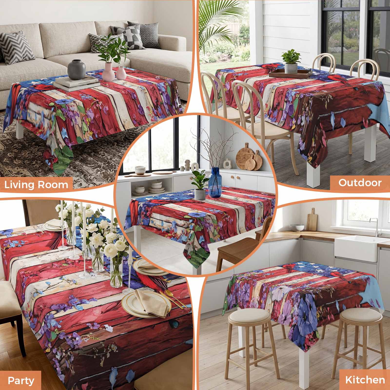 Square Tablecloths, 4th of July Retro USA Flag Bird Waterproof Table Cloths, Red Blue White Wood Floral Spillproof Decorative Dining Table Covers for Kitchen,Indoor Outdoor Parties, Camping 54x54in