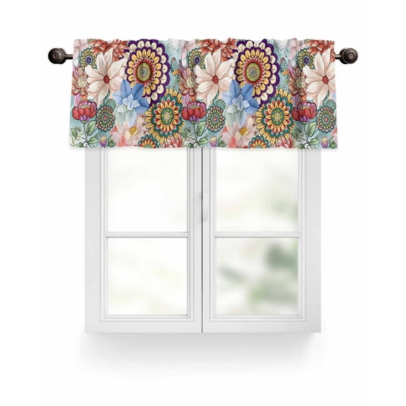 Multicolor Boho Floral Kitchen Valances for Windows Vintage Watercolor Flowers Valance Curtains for Kitchen /Living Room/Bedroom/ Bathroom Decor, 42"x12 " ,Rod Pocket 1 Panel,