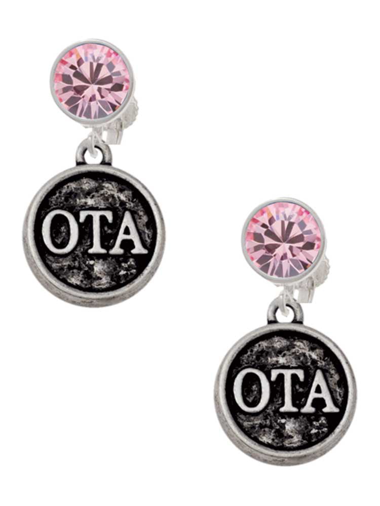 Silvertone Occupational Therapist Caduceus Seal Red Crystal Clip on Earrings OTA 