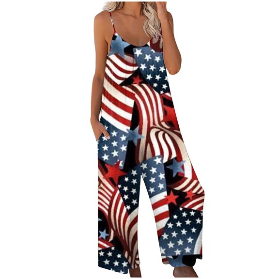 QATAINLAV Jumpsuits for Women American Flag Print Wide Leg Overalls 2024 Independence Day Jumper Pants Summer Casual Spaghetti Strap Rompers with Pockets Ofertas Flash Del Dia Black S