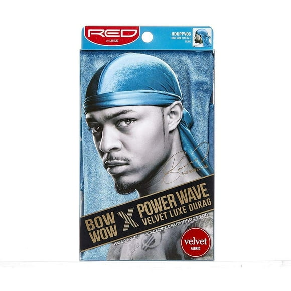 KISS RED Bow Wow Power Wave Velvet Luxe Durag - Blue, Luxurious Velvet, Ultimate Compression for 360 Waves, Super Large Cape, One Size Fits All