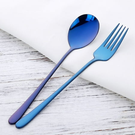 

Hot 2Pcs/Lot Stainless Steel Spoon Dessert Fork Gold Tableware Long Handle Salad Soup Spoon Silver For coffee Dinnerware