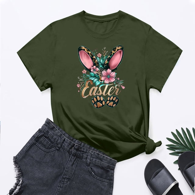 UPPADA Femmes Joyeuses Easter T-Shirt Bunny Rabbit T-Shirt Graphique Manches Courtes Lettres Amusantes Imprimées Chemises Manches Courtes Col Rond Tuniques Hauts Vert Armée,TTG