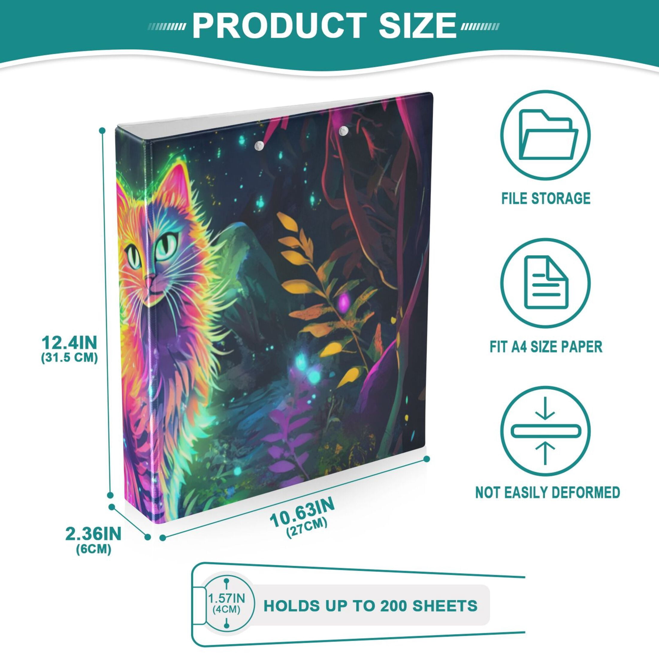 Colorful Cat in Forest 3 Ring Binders 1.5 inch Hardcover File Folders with Interior Pockets A4 Size Organizer for School Office Hospital