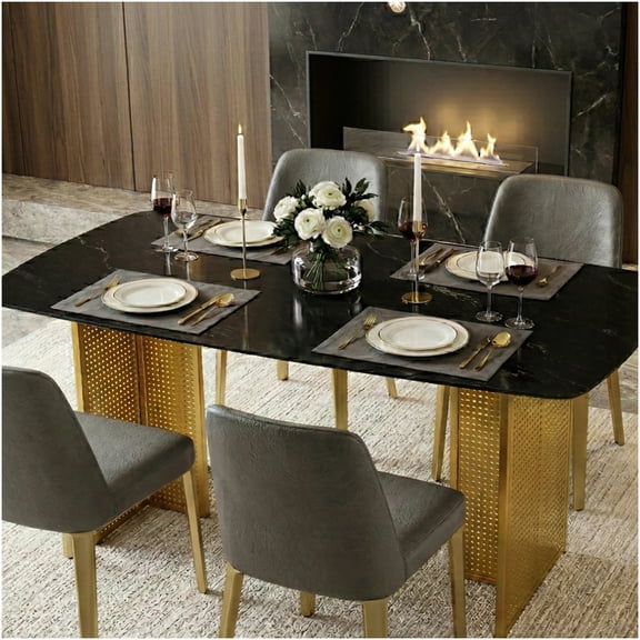COSMOS Modern Rectangular Glass Dining Table with Marble Look & Gold Metal Legs, 6-Seater Tempered Glass Table for Kitchen, Dining Room, Home Office