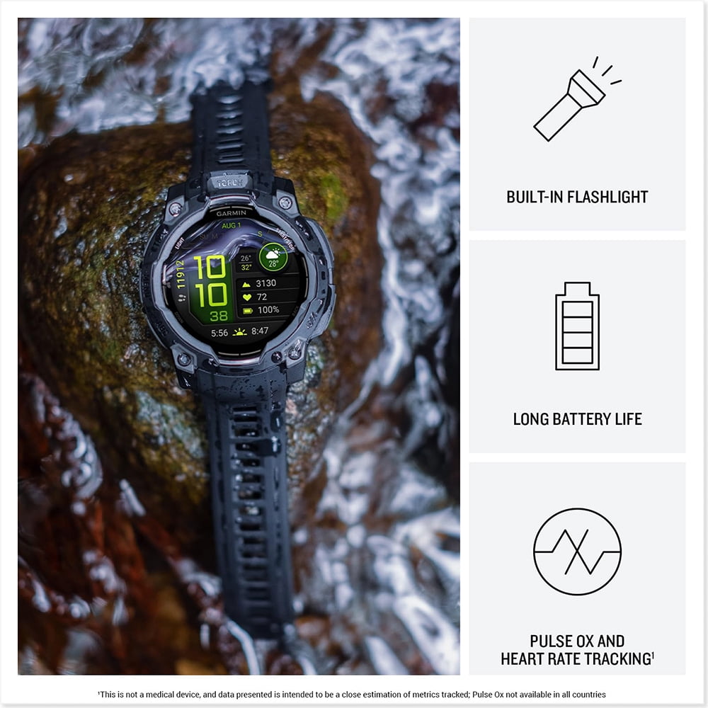 Garmin 010-02936-00 Instinct 3 - 45 mm Outdoor GPS Smartwatch AMOLED Black with Black Band Bundle with Deco Essentials Charging Dock, Silicone Dust Cover 3 Pack and 2-Pack Screen Protector