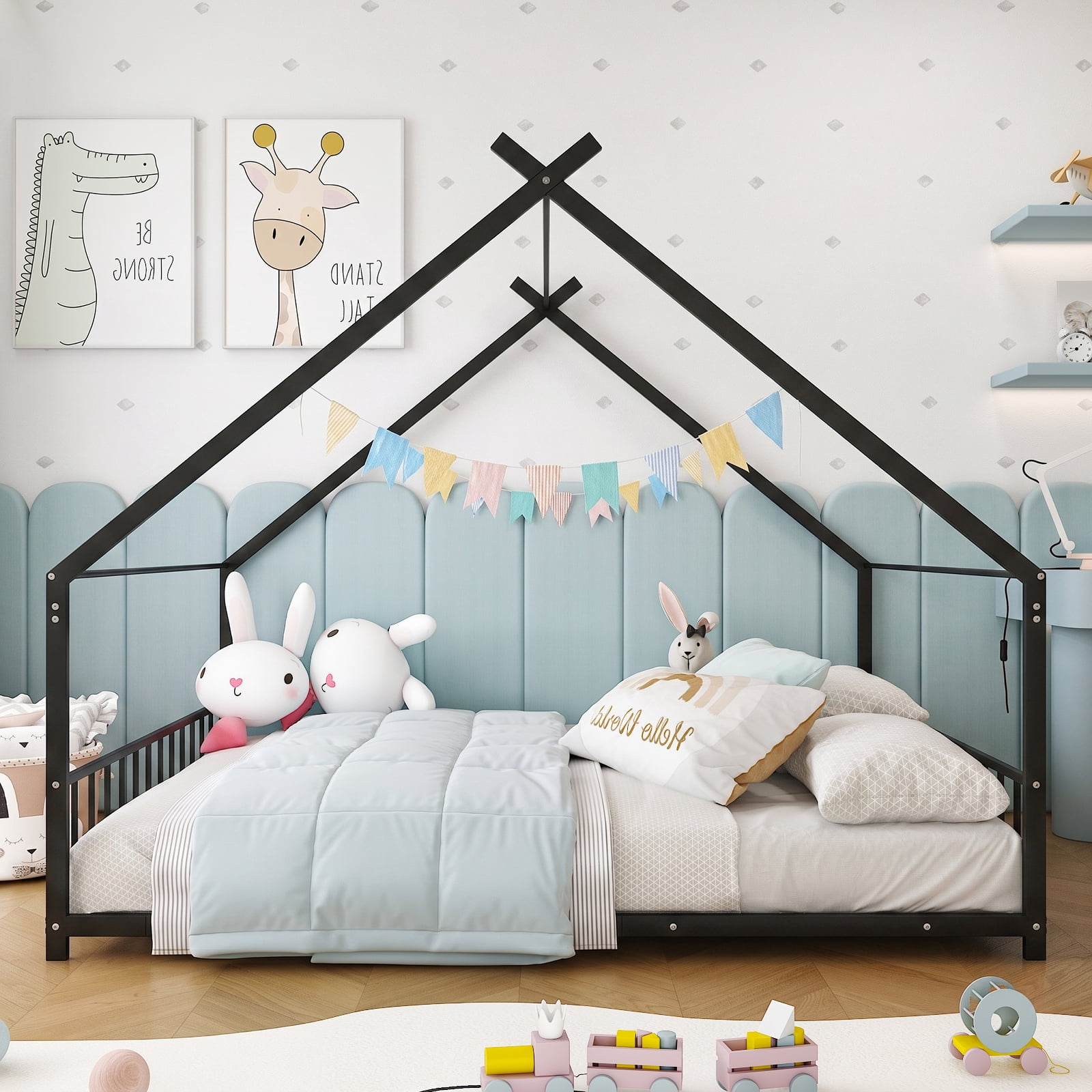 Full Size Metal House Bed Frame, Montessori Floor Bed with Safety Side Guard Rails, No Box Spring Needed, House-Shaped Platform Bed for Kids Toddlers Boys Girls, Black