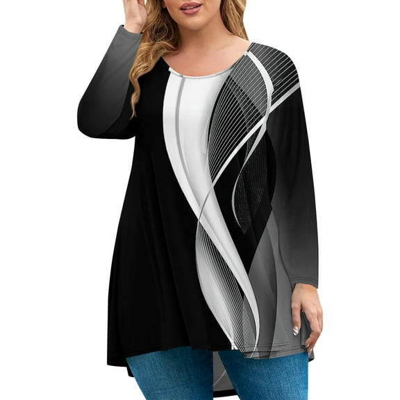 JULMCOMO Plus Size Tunic Tops for Women 4x-5x Long Sleeve Crew Neck Shirts Basic Color Block Print Tunics Loose Fit Oversized Tunic Blouse Black L