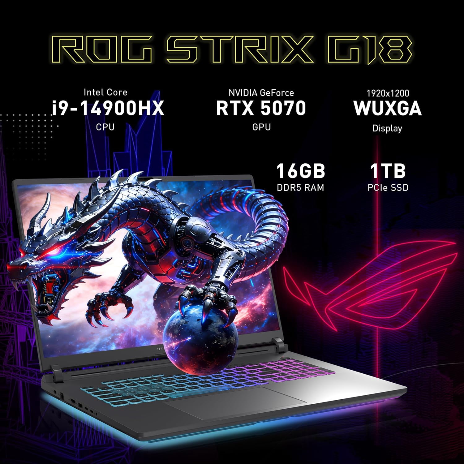 ASUS ROG Strix G18 18" 144Hz WUXGA Gaming Laptop, Intel i9-14900HX, GeForce RTX 5070, 16GB RAM, 2TB Storage (1TB SSD+1TB Docking Station), 4-Zone RGB Backlit Keyboard, FHD IR Camera, Win 11, Gray