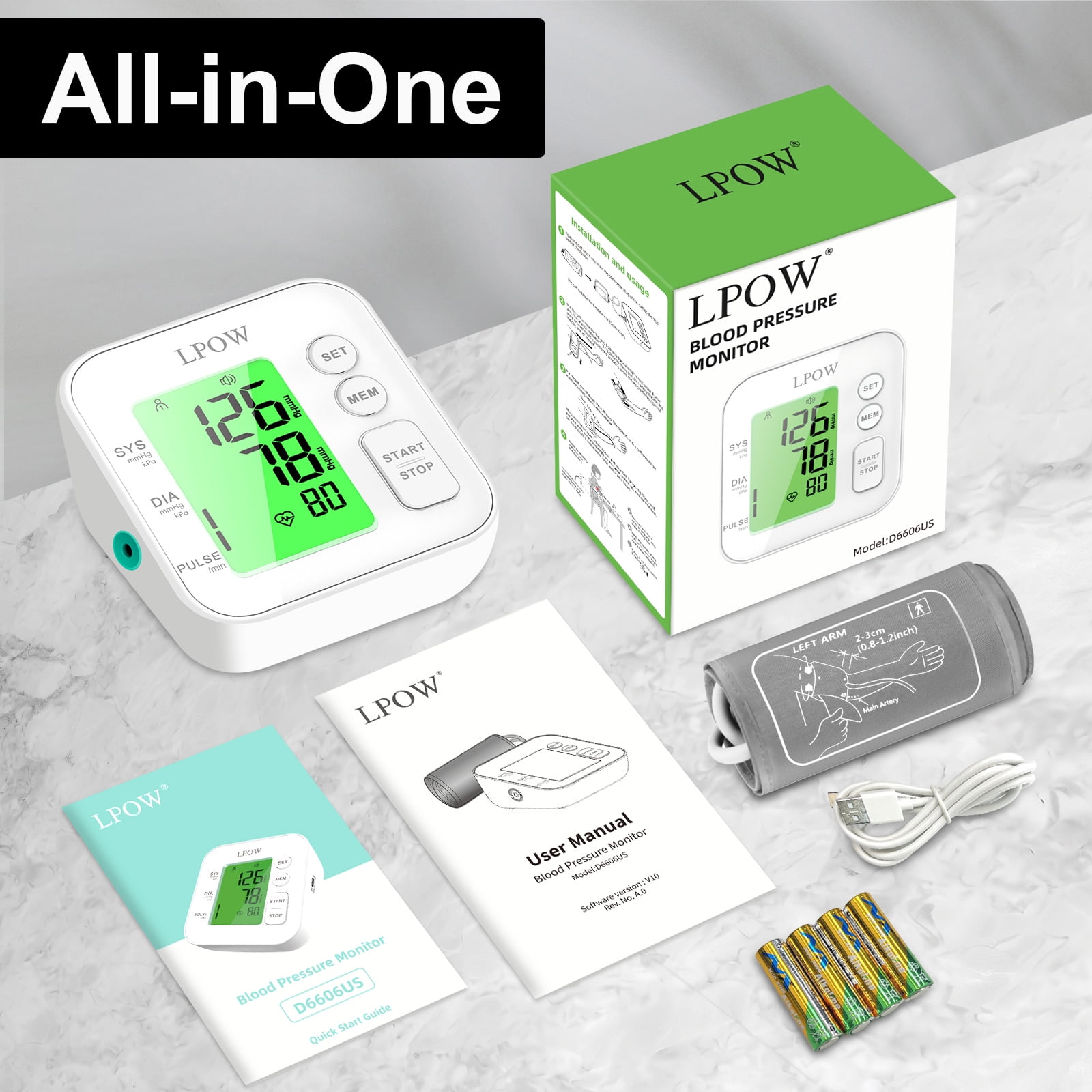 LPOW Upper Arm Blood Pressure Monitor with Speaker, 2 Users, 198 Recordings, Large Cuff, Large Display Screen