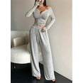 thumbnail image 6 of Women'S 2 Piece Matching Lounge Sets Long Sleeve Henley Neck Slightly Crop Top Wide Leg Pants Sweat Suit Gray L, 6 of 9