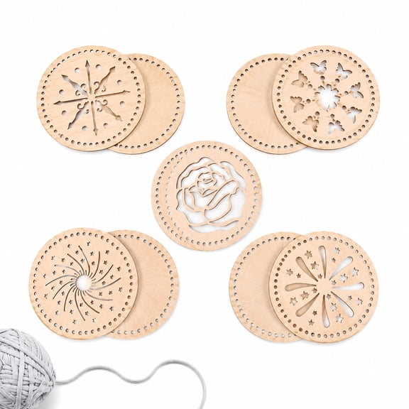 10pcs DIY Crochet Basket Kit with Wooden Hollow Bottoms and Lids, 5 Patterns Included, Apricot 5.9inch, Basket Weaving Supplies for Creative Projects DIY Gift