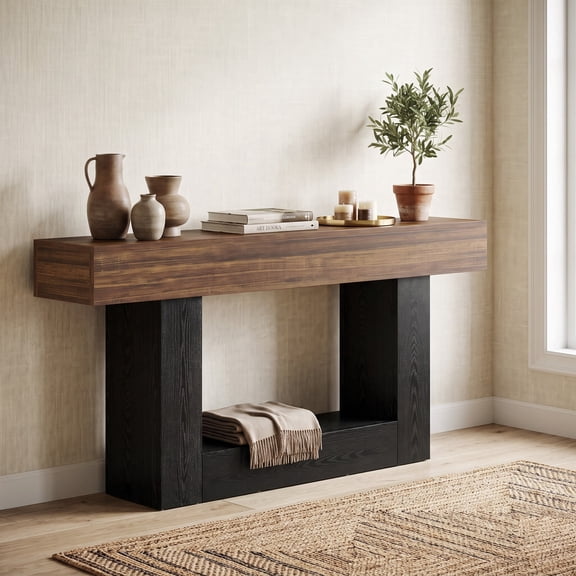 Fnova 63" Farmhouse Console Table, 2-Tier Wood Entryway/Sofa Table with Storage Shelf for Living Room, Hallway, Behind Couch