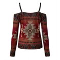 thumbnail image 5 of USSUMA Casual Tops for Women Western Aztec Style Womens Cold Shoulder Tops Long Sleeve V Neck Day Night Ladies Lace Shirts, 5 of 5