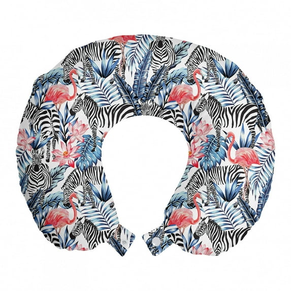 Watercolor Travel Pillow Neck Rest, Exotic Flamingo Zebras and Flowers Tropic Animals Abstract Illustration, Memory Foam Traveling Accessory Airplane and Car, 12", Blue Black Coral, by Ambesonne