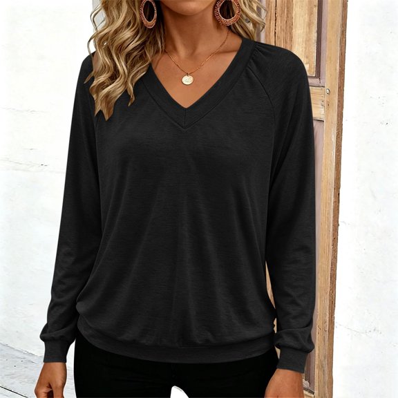 Women's V Neck Long Sleeve Blouse | Soft Stretch Draped Casual Tunic Tops, Lightweight Office Work Shirt for Spring Fall | CSEONE,Black L
