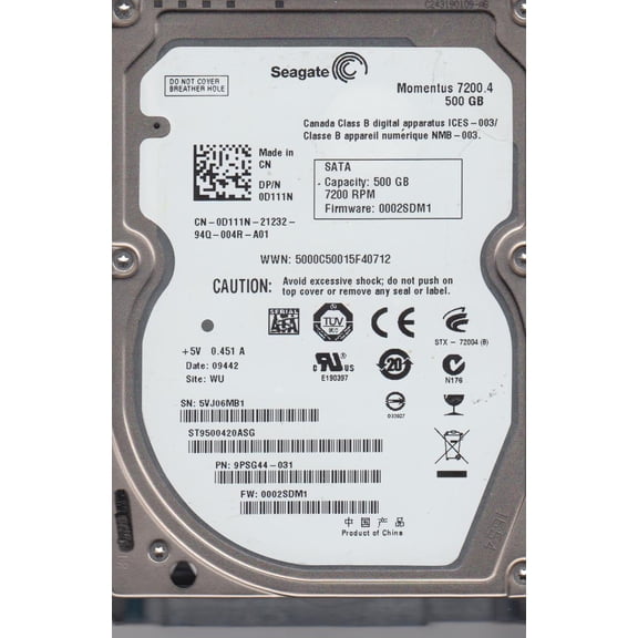 ST9500420ASG, 5VJ, WU, PN 9PSG44-031, FW 0002SDM1, Seagate 500GB SATA 2.5 Hard Drive