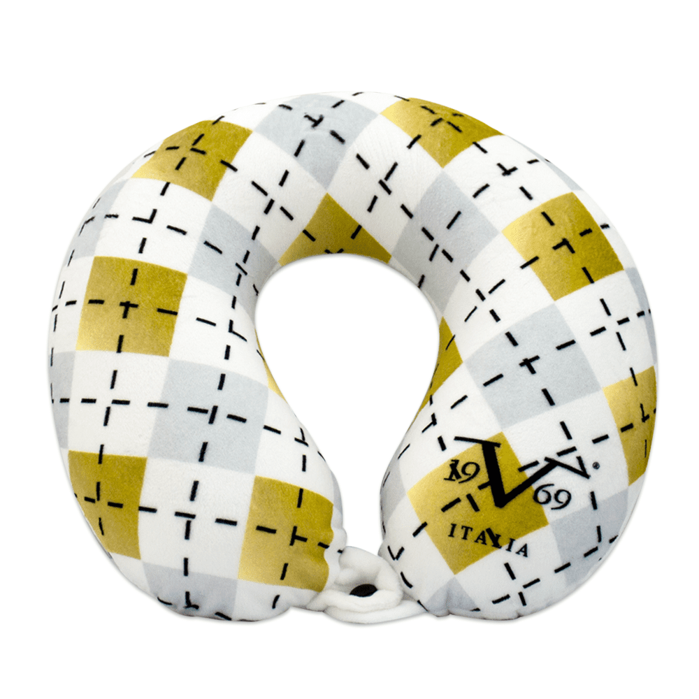 19V69 ITALIA Memory Foam Neck Pillow for Supportive Comfort (White Argyle)