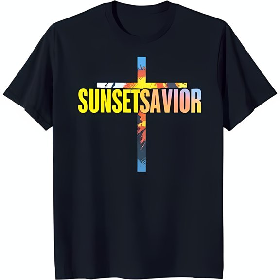 Stylish Black T-Shirt with Colorful Sunset Gradient & 'SUNSET SAVIOR' Print