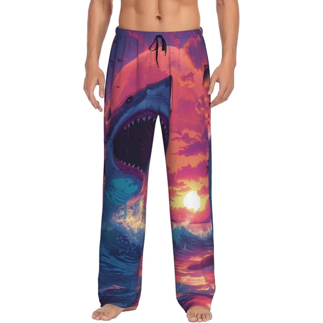 Fotbe Hawaiian Island Beach Shark Pantalones de Pijama para Hombre, Pantalones de Dormir, Pantalones de Casa con Cintura Ajustable y Bolsillos-XX-Large