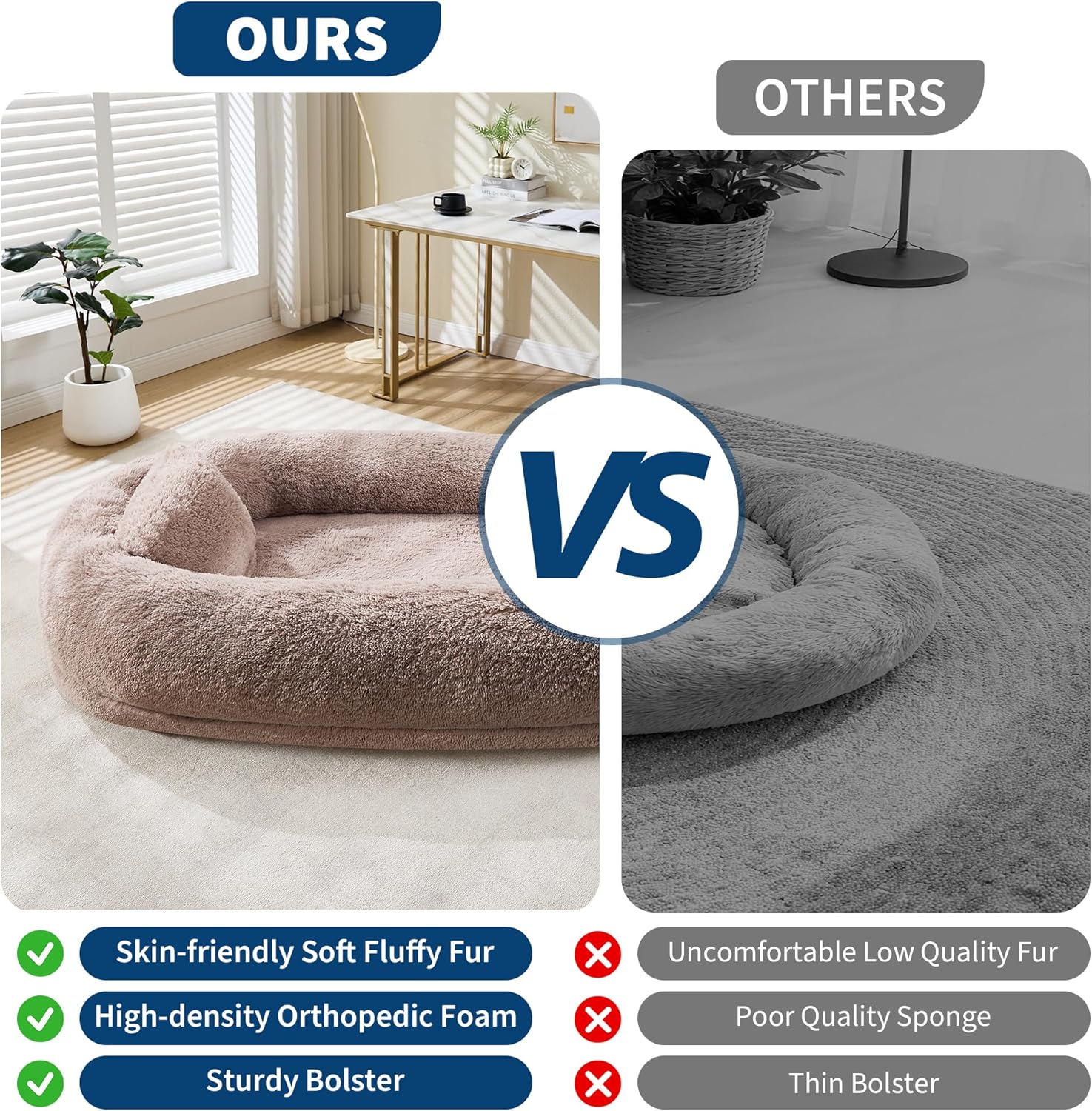 Acekid Human Dog Bed 67 Inch Adult Pets No Assembly Required Washable Fluffy Faux Fur Orthopedic Dog Bed Plump Pi