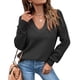 thumbnail image 1 of Jerseys de manga larga con cuello en V para mujer Otoño Invierno moda Casual hombros descubiertos suéter de punto suelto para mujer negro L, 1 of 6