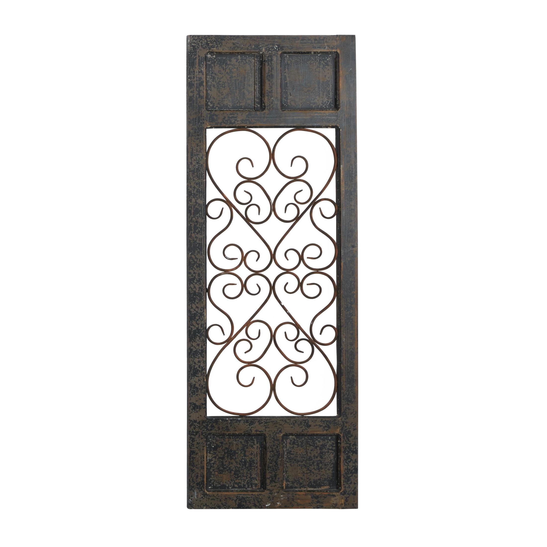 DecMode Brown Wood Scroll Window Inspired Panel Home Wall Decor with Copper Metal Scrollwork, 20" x 1" x 57"