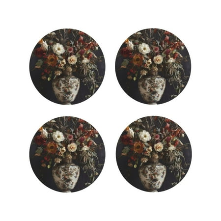 

Fuzoiu Vintage Floral Vase A Print Leather Coasters Set Drink Coasters Set of 4 for Tabletop Protection Durable PVC Coasters Home Décor and Housewarming Gift-Round Shape