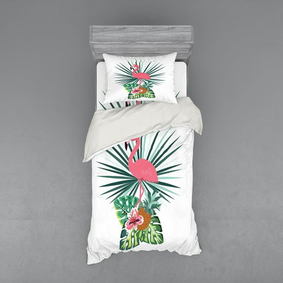 Ambesonne Exotic Bedding Set 3 Pcs, Pineapple Flamingo Botany, Twin, Multicolor
