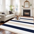 thumbnail image 3 of Beige Navy Blue Striped Large Area Rugs for Bedroom Living Room, Soft Non Slip Carpet Bedside Rug, Farmhouse Stripe Art Rectangular Floor Cover Kitchen Accent Rug 5'x7' for Dining Room/Office, 3 of 9