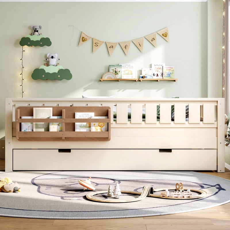 Full Size Low-Profile Kid's Platform Bed with Built-in Bookshelves & Small Staircase, Wooden Bed Frame with Safety Rails & Trundle