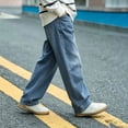 thumbnail image 6 of Boys Wide Leg Jeans, Solid Color Loose Straight Leg Full Length, Casual Fashion Denim Pants For Kids Light Blue 14-15Years, 6 of 8