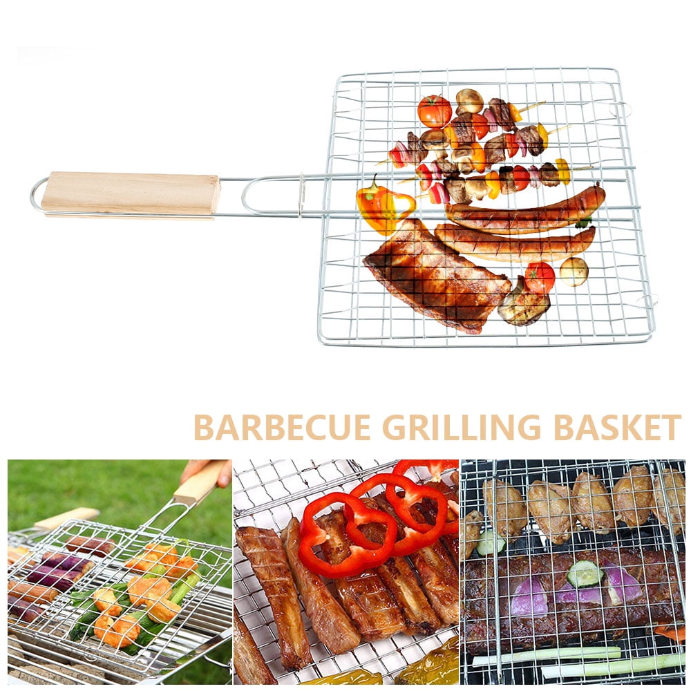 RetroFun Barbecue Grilling Basket,Portable Wire Grid Rack Foldable Garden Barbecue Cooking Tool with Wooden Handle for Cooking Fish Vegetable Meat 