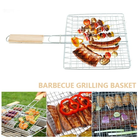 Duety Barbecue Grilling Basket， Stainless Steel Fish Grill Basket with Removable Wooden Handle， Folding Portable Barbecue Rack Grill Accessories for Fish Vegetables Steak Shrimp Chops