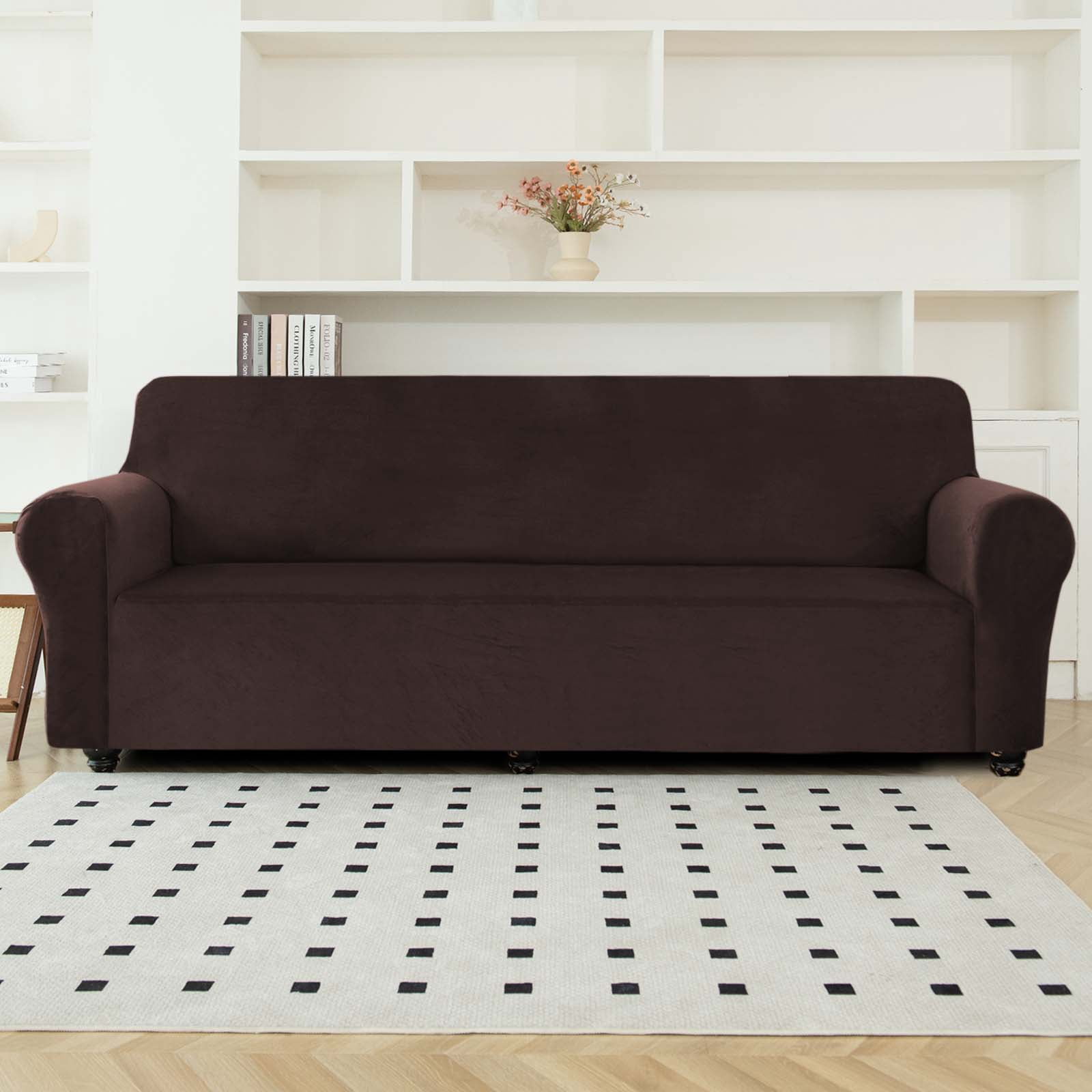 SANMADROLA 100% Waterproof Couch Covers Velvet Stretch Slipcover for 3 Cushion Sofa Cover Non Slip Leakproof Washable Furniture Protector for Kids Dogs Cats Pets, Brown, Oversized Sofa