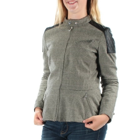 - RALPH LAUREN Womens Black Pocketed Faux Leather Houndstooth Zip Up Jacket Size: 4